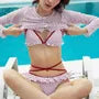 Polka Dot Contrast Trim Bikini Top / Tankini Top / Ruffle Trim Bottom / Crew Neck Button-Up Cover Up Jacket / Set