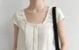 Cap Sleeve Square-Neck Lace-Trim Plain Pleated Slim-Fit Blouse