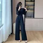 Long Sleeve Round Neck Two Tone Wide Leg Jumpsuit