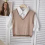 Mock Two-Piece Short-Sleeve Knit Panel Blouse