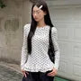 Long Sleeve Polka Dot Ruffled-Trim Slim-Fit Top