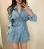 Set: Long-Sleeve Collared Plain Tie-Waist Shirt + High Waist Shorts