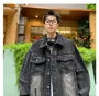 Pocket Detail Distressed Oversized Denim Single-Breasted Jacket