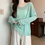 Long-Sleeve Boat Neck Plain Lettuce Edge Sheer T-Shirt