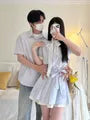 Couple Matching Short-Sleeve Collared Striped Button Up Shirt / Short-Sleeve Tie Neck Mini A-Line Dress