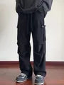 Drawstring Waist Plain Corduroy Straight Leg Cargo Pants