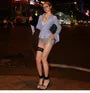 Long-Sleeve Striped Tie-Front Crop Button-Up Shirt / Low Waist Sequined Mini Pencil Skirt
