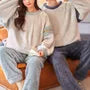 Couple Matching Pajama Set: Crew Neck Striped Sweatshirt + Plain Pants