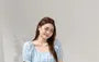 Set: Short-Sleeve V-Neck Lace Panel Smocked Blouse + High Waist Plain Wide Leg Pants