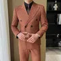 Set: Peak Lapel Melange Double-Breasted Blazer + V-Neck Vest + Mid Rise Straight Leg Dress Pants