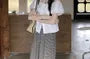 Short-Sleeve Off-Shoulder Plain Layered Ruffle Button-Up Crop Blouse