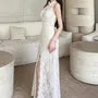 Sleeveless Mock Neck Cutout Slit Lace Maxi A-Line Dress