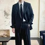 Lapel Collar Pinstriped Double Breasted Blazer / Mid Rise Wide Leg Dress Pants