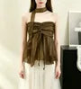 Plain Drawstring Ruched Mesh Tube Top with Scarf