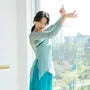Flared-Sleeve V-Neck Plain Asymmetrical Dance Top