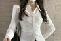 Long-Sleeve Plain Ruched Button-Up Slim Fit Shirt / High Rise Pleated Mini A-Line Skirt