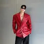 Peak Lapel Plain Faux Leather Double-Breasted Blazer