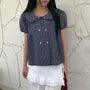 Short Sleeve Collared Plaid Double Breasted Blouse