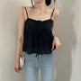 Spaghetti Strap Tie-Front Ruched See-Through Mesh Crop Cami Top