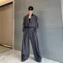 Set: Peak Lapel Two Tone Faux Leather Panel Open Front Crop Blazer + Mid Rise Wide Leg Dress Pants