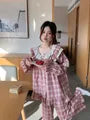 Pajama Set: Long-Sleeve Crew Neck Plaid Lace Panel Ruffle Trim Button-Up Top + Pants