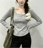 Long-Sleeve Henley Plain Lace Trim Tee
