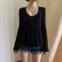 Bell Sleeve V-Neck Lace-Trim Plain A-Line T-Shirt