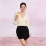 Long-Sleeve V-Neck Lace Panel Button-Up Sheer Crop Blouse