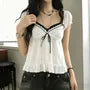 Puff Sleeve Square-Neck Lace-Trim Ruffled Hem Loose-Fit Blouse
