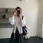 Long-Sleeve V-Neck Collared Lace Trim Buttoned Side-Tie Puff Sleeve Blouse