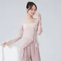 Long-Sleeve Round Neck Plain Ruffle Trim Dance Top