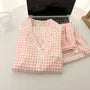 Pajama Set: Long-Sleeve Lapel Collar Plaid Lace Trim Button-Up Top + Pants