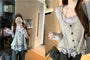 Long Sleeve Scoop Neck Plain Ruffle Panel Lace Top / Plain Button Sweater Vest
