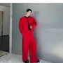 Set: Round Neck Plain Open Front Jacket + Mid Rise Wide Leg Dress Pants