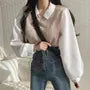 Long-Sleeve Collared Mock Two-Piece Two Tone Knit Panel Ribbed Blouse