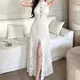Sleeveless Mock Neck Cutout Slit Lace Maxi A-Line Dress