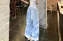 Off Shoulder Floral Accent Striped Crop Top / Mid Rise Plain Loose Fit Wide Leg Pants