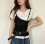 Short Sleeve Mock Two Piece Cowl Neck Color-Block Slim-Fit Top