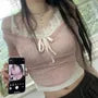 Long-Sleeve Halter Neck Mock Two-Piece Two Tone Lace Panel Slim Fit Crop Top