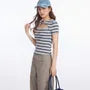 Short Sleeve Crew Neck Striped Cut-Out Twisted Button Front Slim-Fit T-Shirt