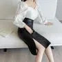 High Rise Plain Slit Faux Leather Midi Pencil Skirt