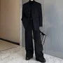 Set: Lapel Collar Plain Detachable Single-Breasted Cargo Blazer + High Waist Wide Leg Dress Pants
