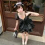 Short-Sleeve V-Neck Plain Lace Mini Tiered Dress