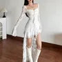 Long Sleeve Sweetheart Neck Plain Ruffle High-Low Lace A-Line Dress