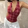Halter Split Neck Plaid Hook And Eye Open Back Crop Corset Top