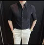 Elbow-Sleeve Button-Up Plain Shirt