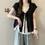 Short Sleeve Scoop Neck Mock-Two Piece Tie Front Layered Blouse