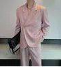 Set: Plain Asymmetrical Double-Breasted Blazer + Drawstring Waist Loose Fit Pants