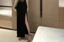 Spaghetti Strap Plain Slit Lace Panel Maxi Sheath Dress
