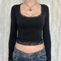 Long Sleeve Scoop Neck Lace-Trim Plain Slim-Fit Crop Top
